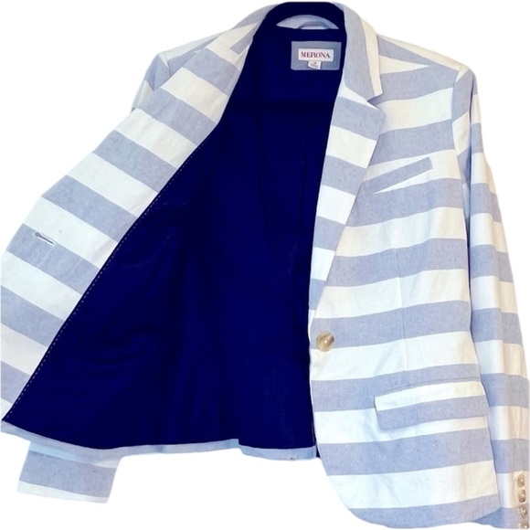 Merona Lined Chambray Blue and White Stripe Cotton Button Blazer Size 10 - Picture 7 of 11